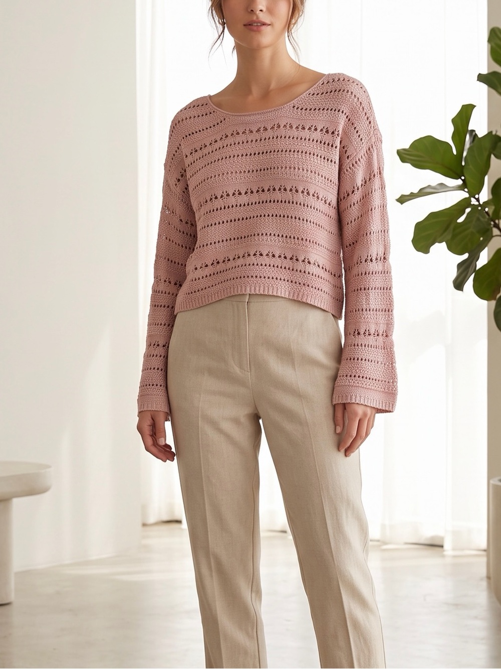 Ultra Flirt Women's Scoop Neck Pointelle Sweater in Dusty Rose